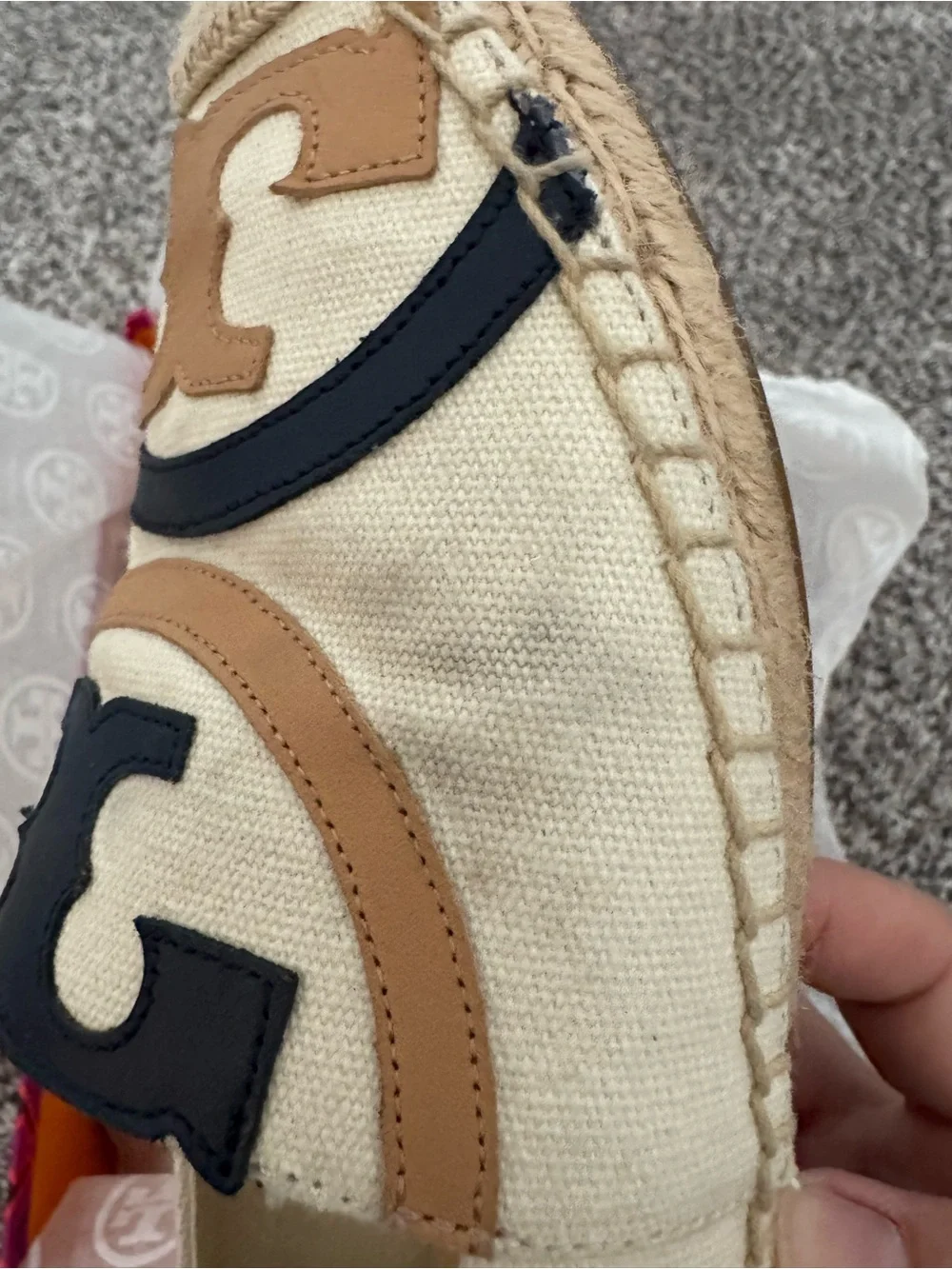 Tory Burch Cream Canvas Espadrilles with Tan and Black Logo